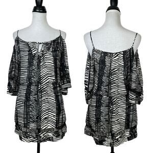 Parker Black & White Stripe Cold Shoulder 100% Silk Blouson Mini Dress
